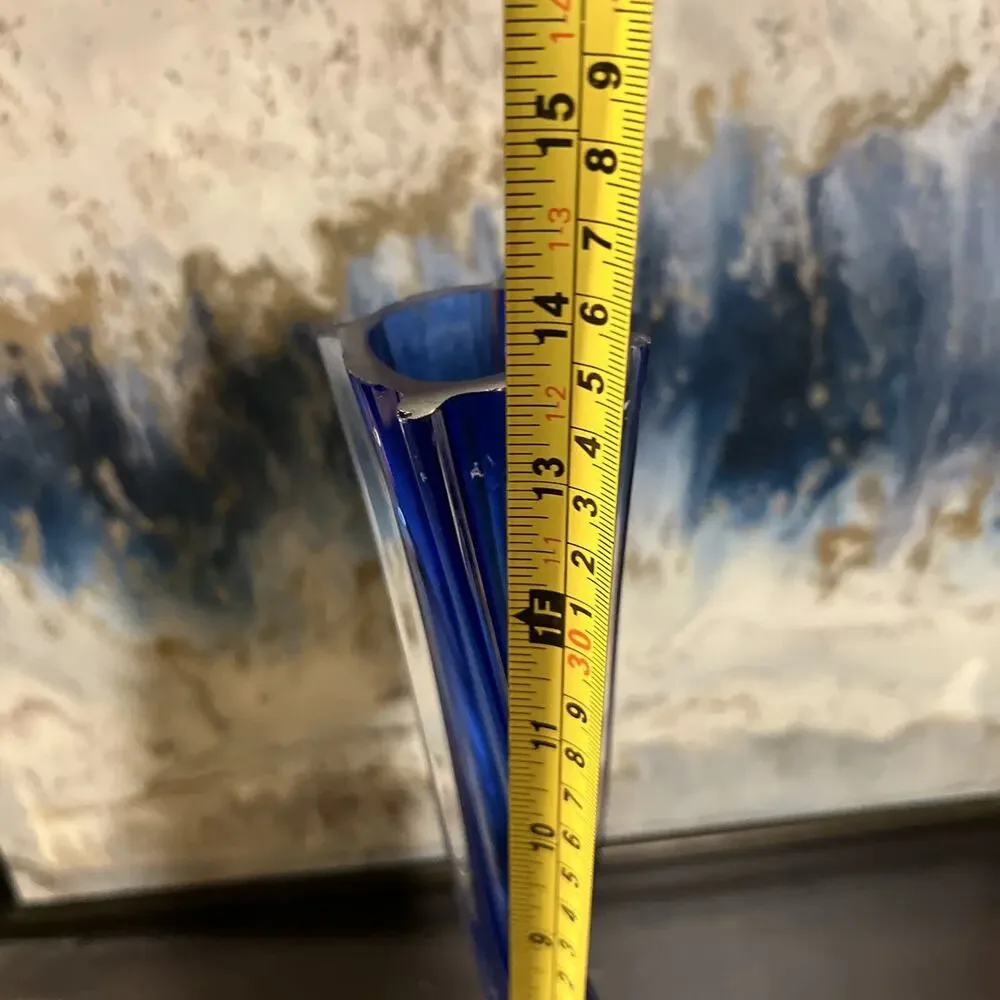 Vintage Cobalt Blue Glass Tall Vase 13.5”